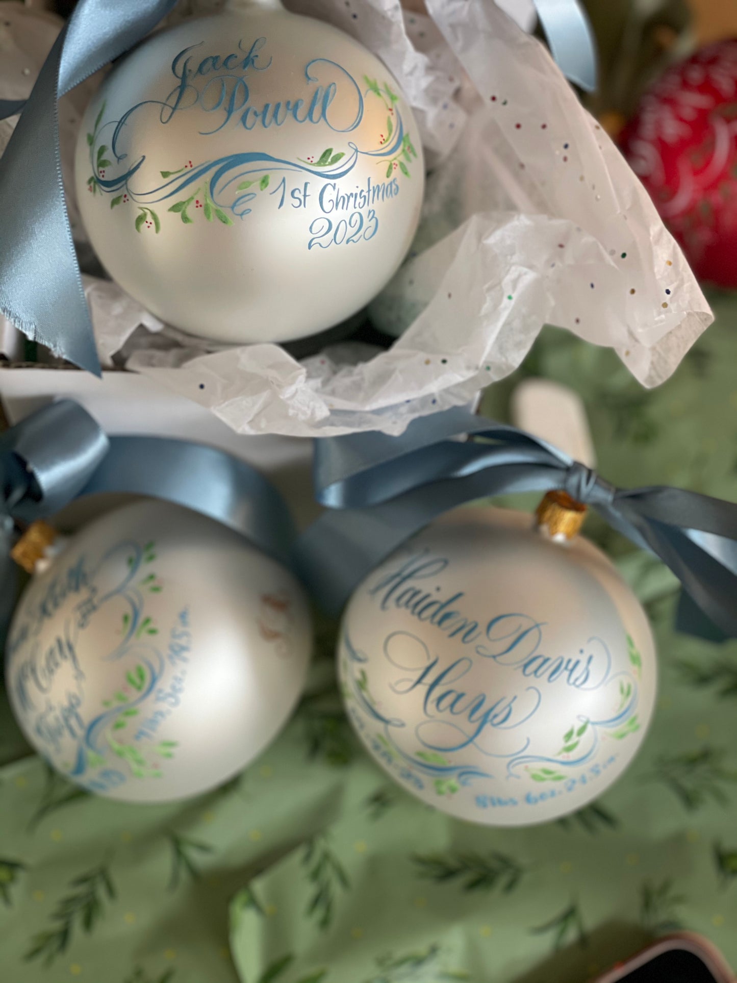 Hand painted custom calligraphy personalized ornaments